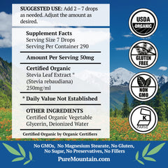 Pure Mountain Botanicals Liquid Stevia Drops being dispensed to taste sweetness