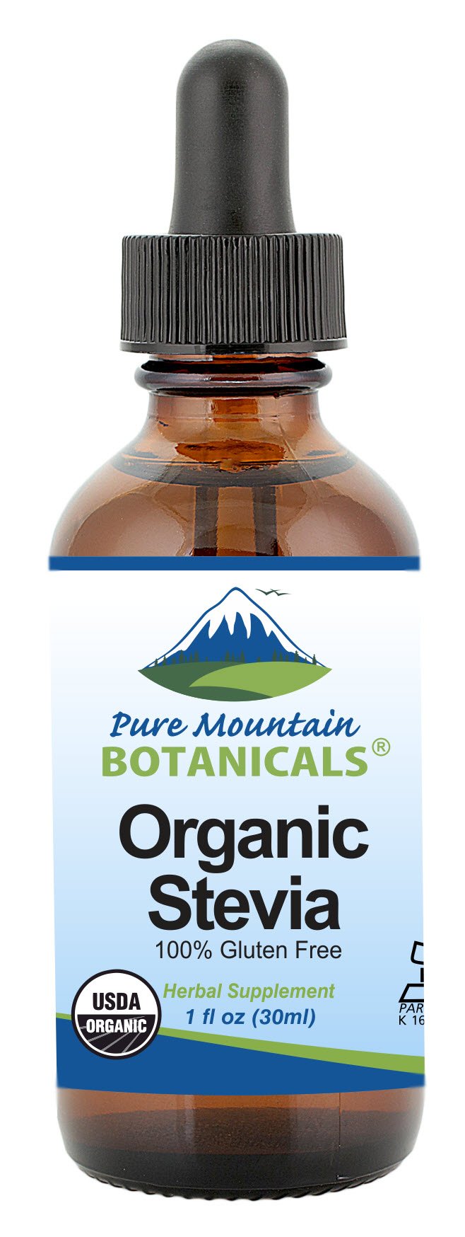 Pure Mountain Botanicals stevia drops bottle—organic, calorie-free sweetness for beverages.
