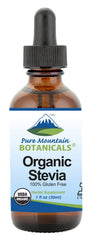 Pure Mountain Botanicals stevia drops bottle—organic, calorie-free sweetness for beverages.
