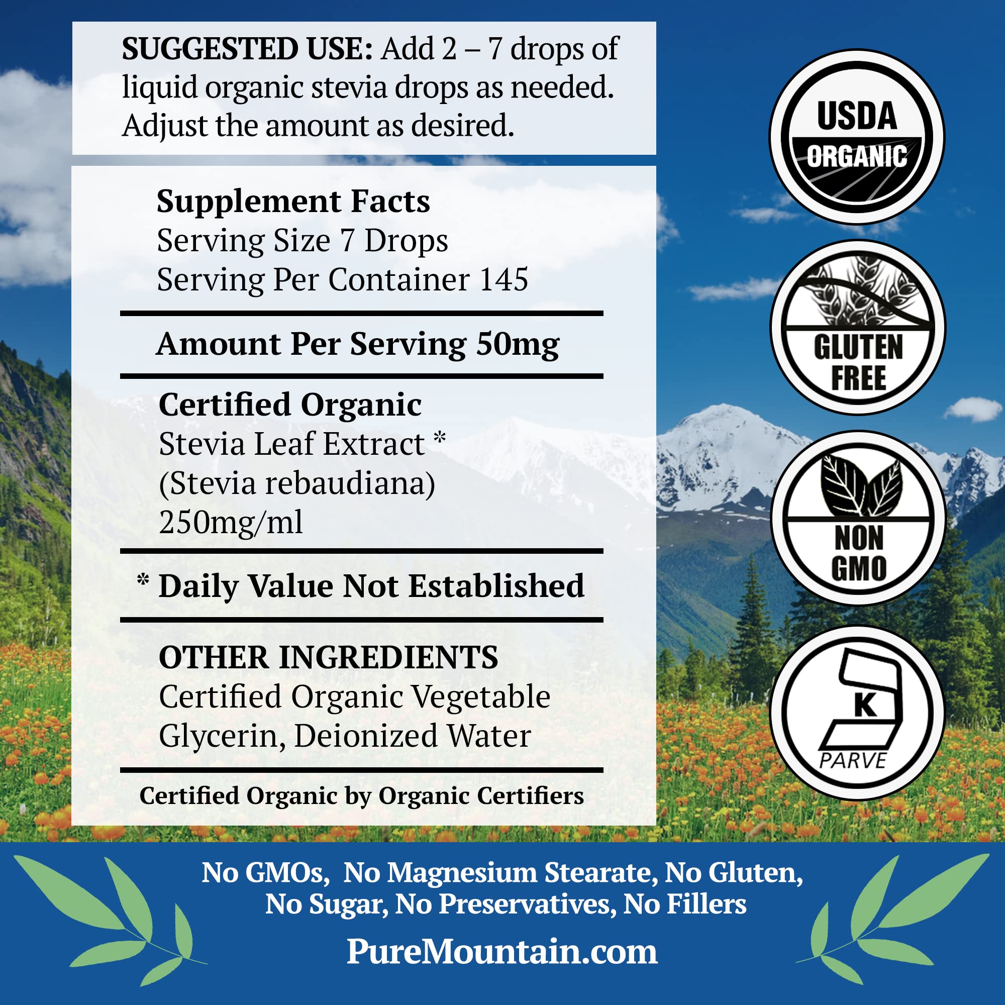 Dropper view of Pure Mountain stevia drops reveals pure, additive-free sweetener.