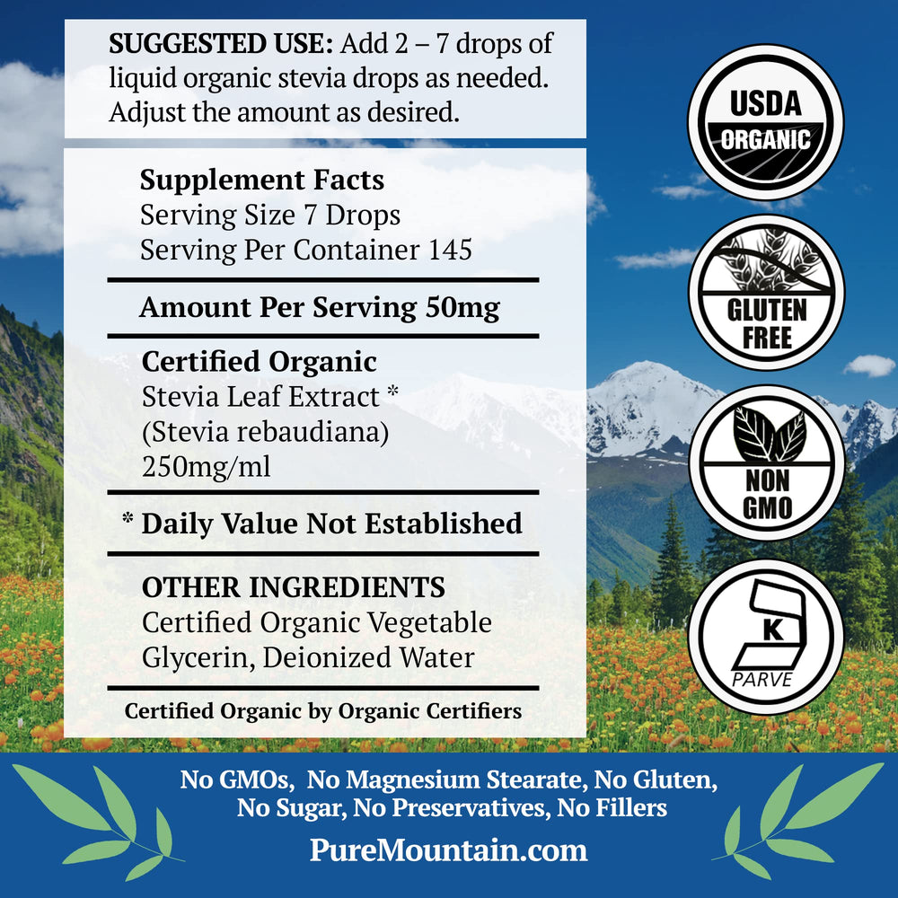 Dropper view of Pure Mountain stevia drops reveals pure, additive-free sweetener.