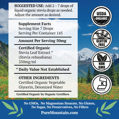 Dropper view of Pure Mountain stevia drops reveals pure, additive-free sweetener.