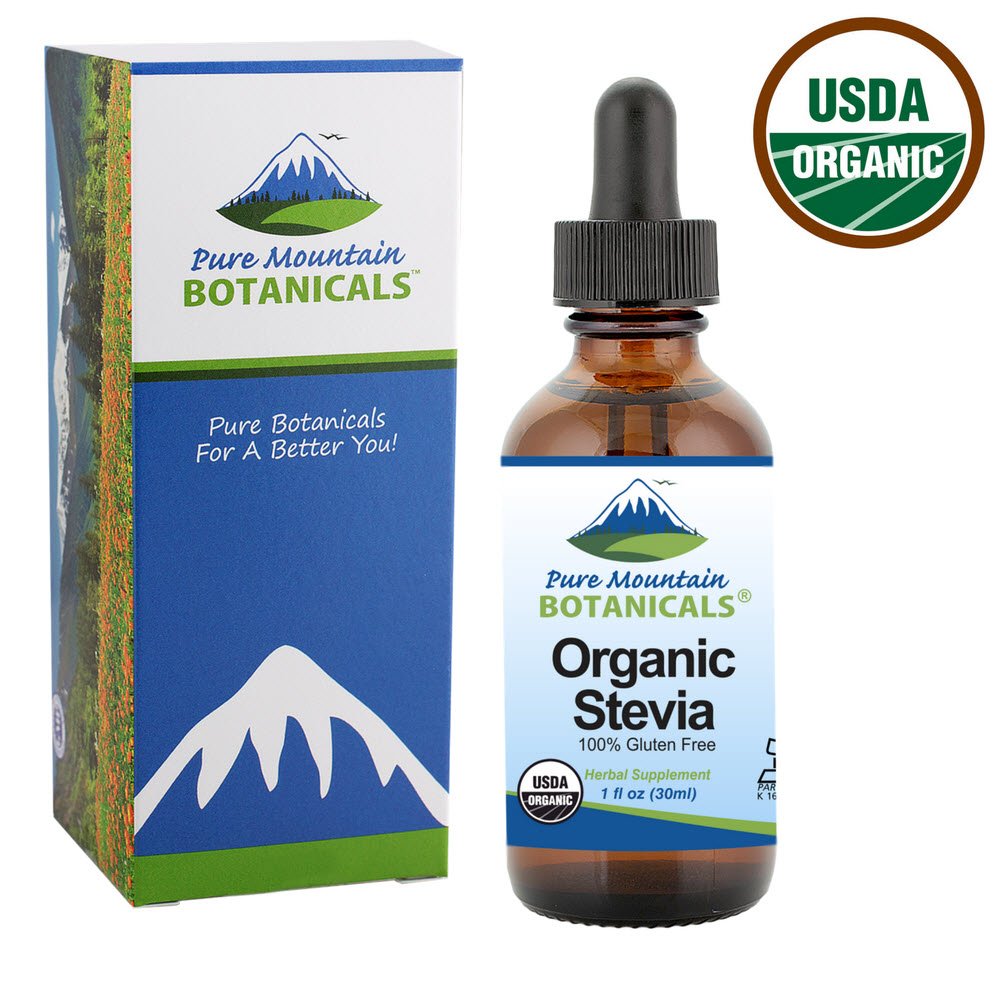 Label close-up shows Kosher, vegan, gluten-free certifications for Pure Mountain stevia.