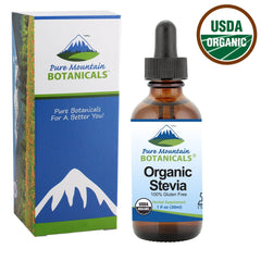 Label close-up shows Kosher, vegan, gluten-free certifications for Pure Mountain stevia.