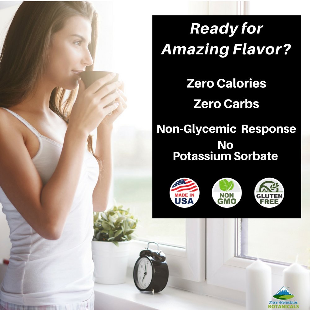 Stevia drops pour from Pure Mountain bottle, a convenient alcohol-free sugar substitute.