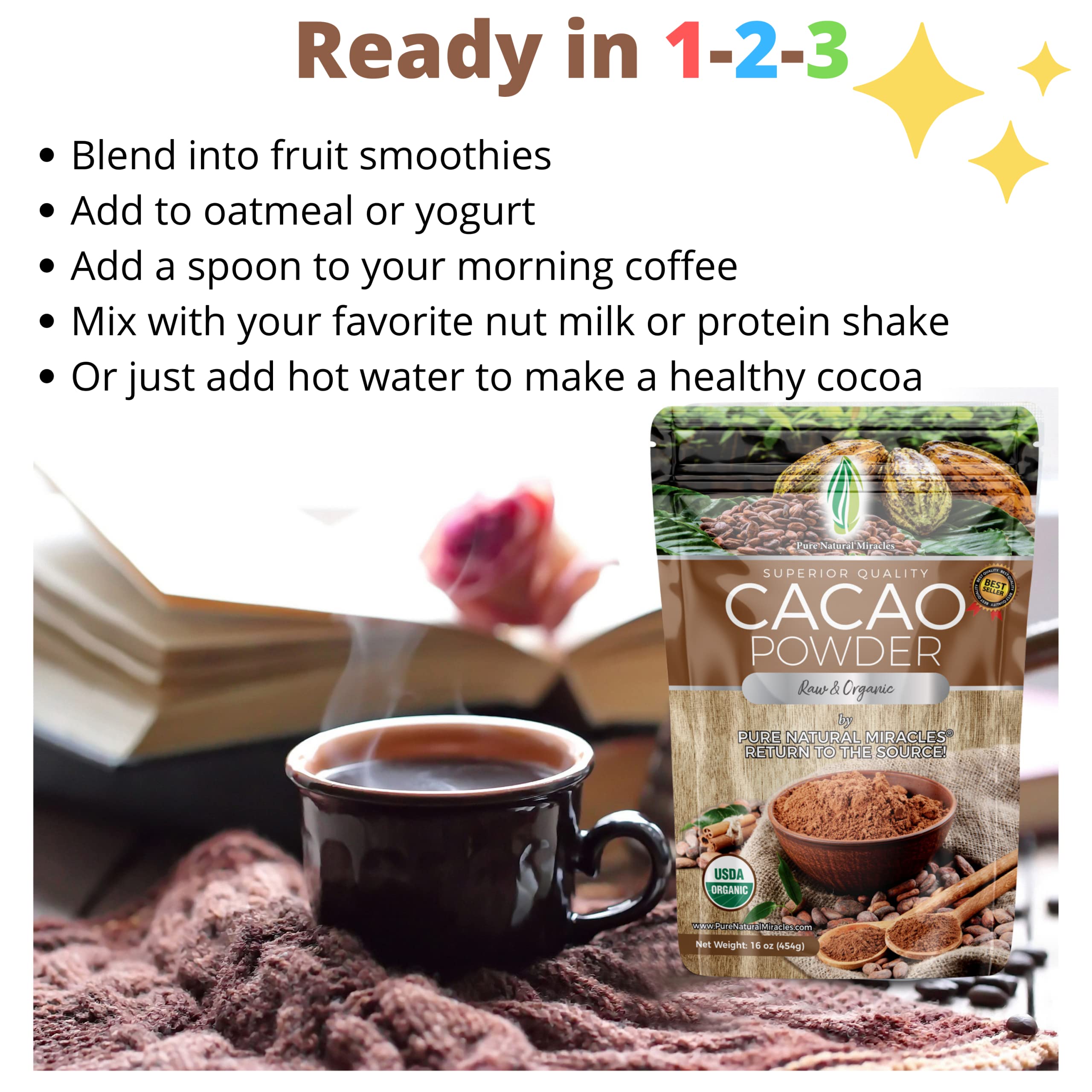 Pure Natural Miracles cacao powder in a bowl elevating smoothies and desserts