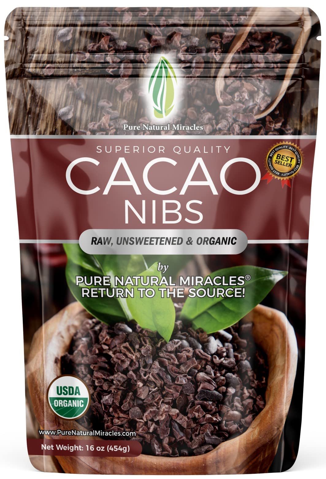 Pure Natural Miracles cacao nibs 16oz bag with rich raw chocolate for snacking.