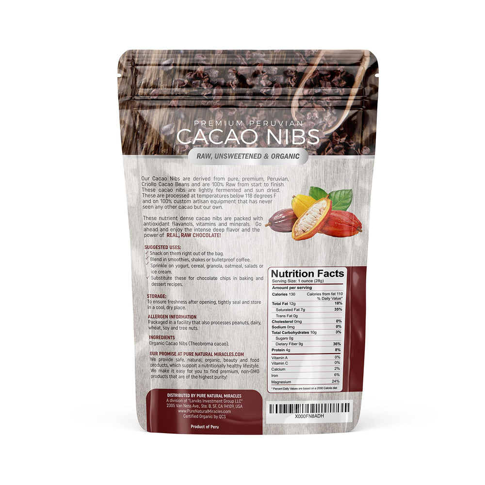 Pure Natural Miracles cacao nibs close-up texture showing crunchy unsweetened pieces.