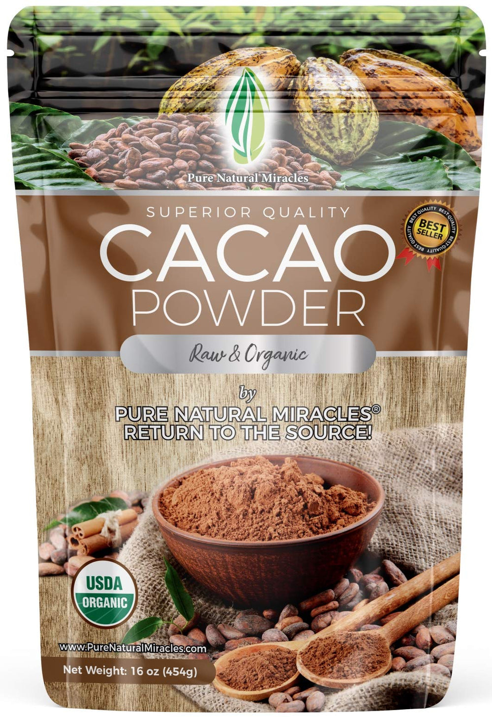 Pure Natural Miracles cacao powder bag top view for pure, sugar-free recipes