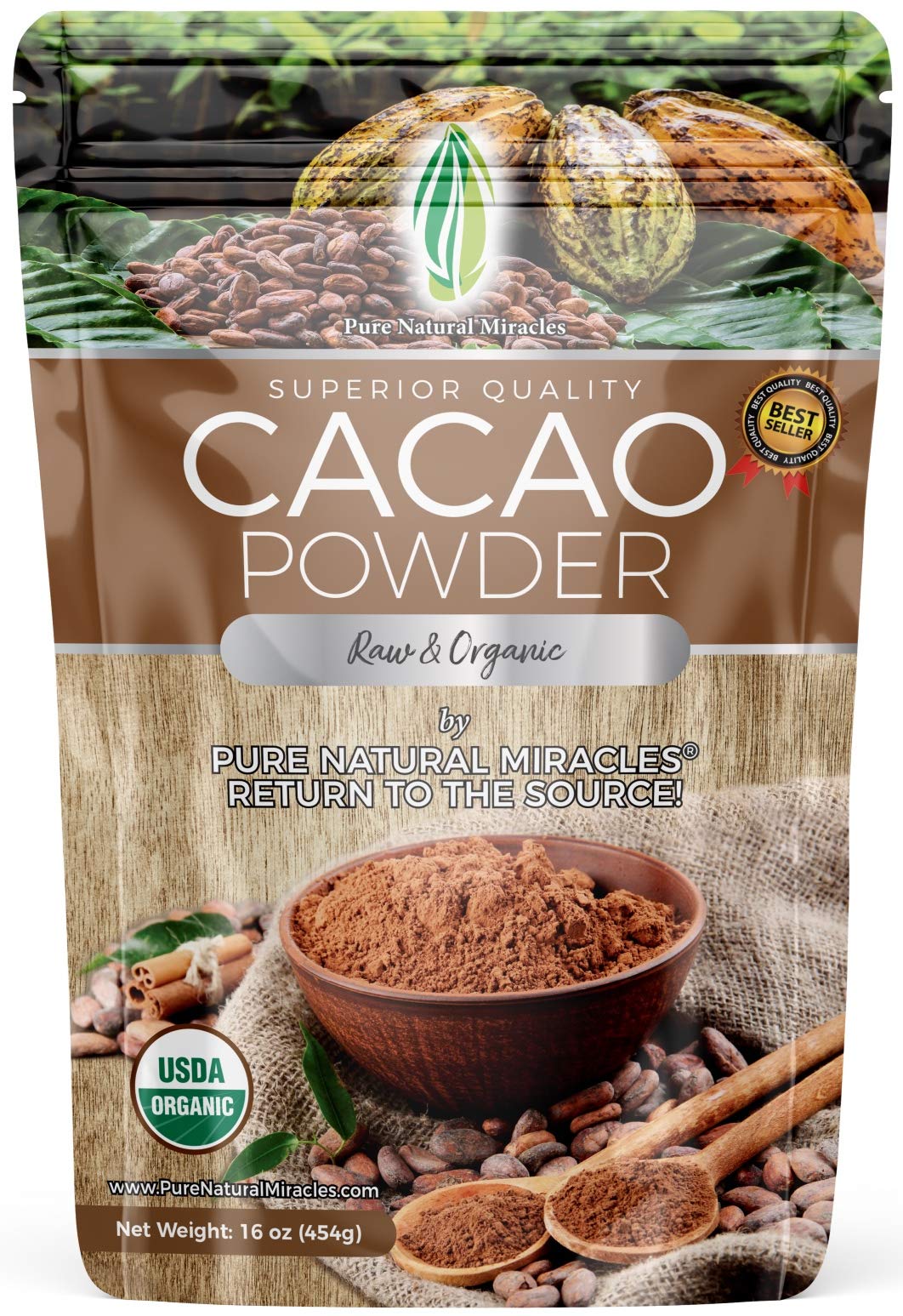 Pure Natural Miracles cacao powder bag top view for pure, sugar-free recipes