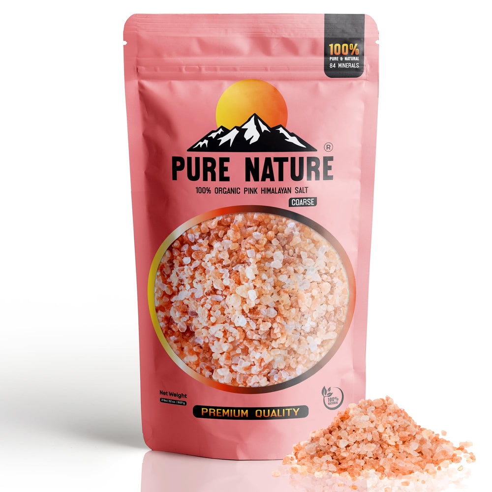 Pure Nature Himalayan pink salt coarse crystals for gourmet seasoning.