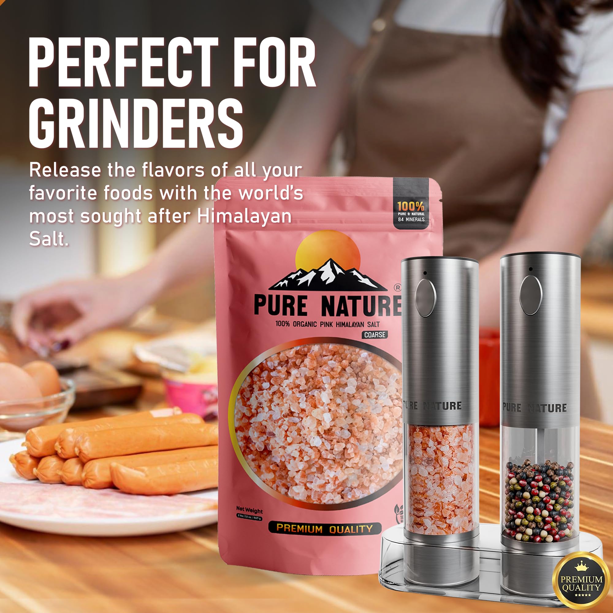 Pure Nature coarse salt dissolves gradually for even flavor release.