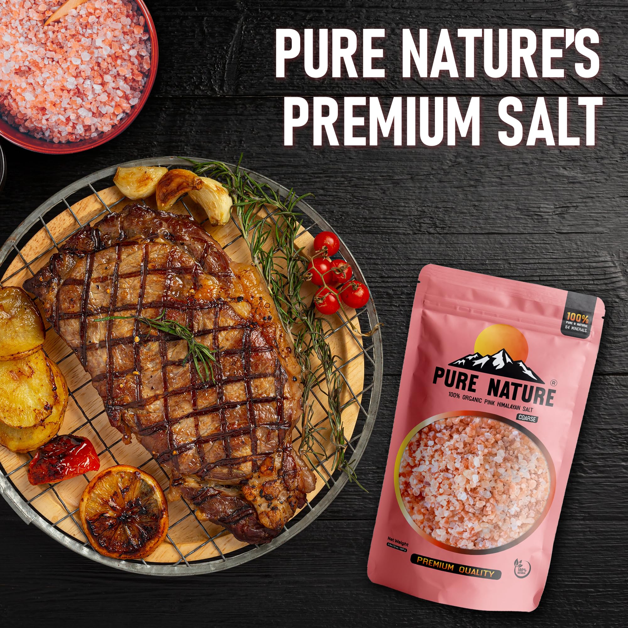 Pure Nature Himalayan salt ideal for meats, vegetables, and seafood seasoning.
