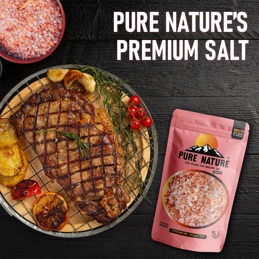 Pure Nature Himalayan salt ideal for meats, vegetables, and seafood seasoning.
