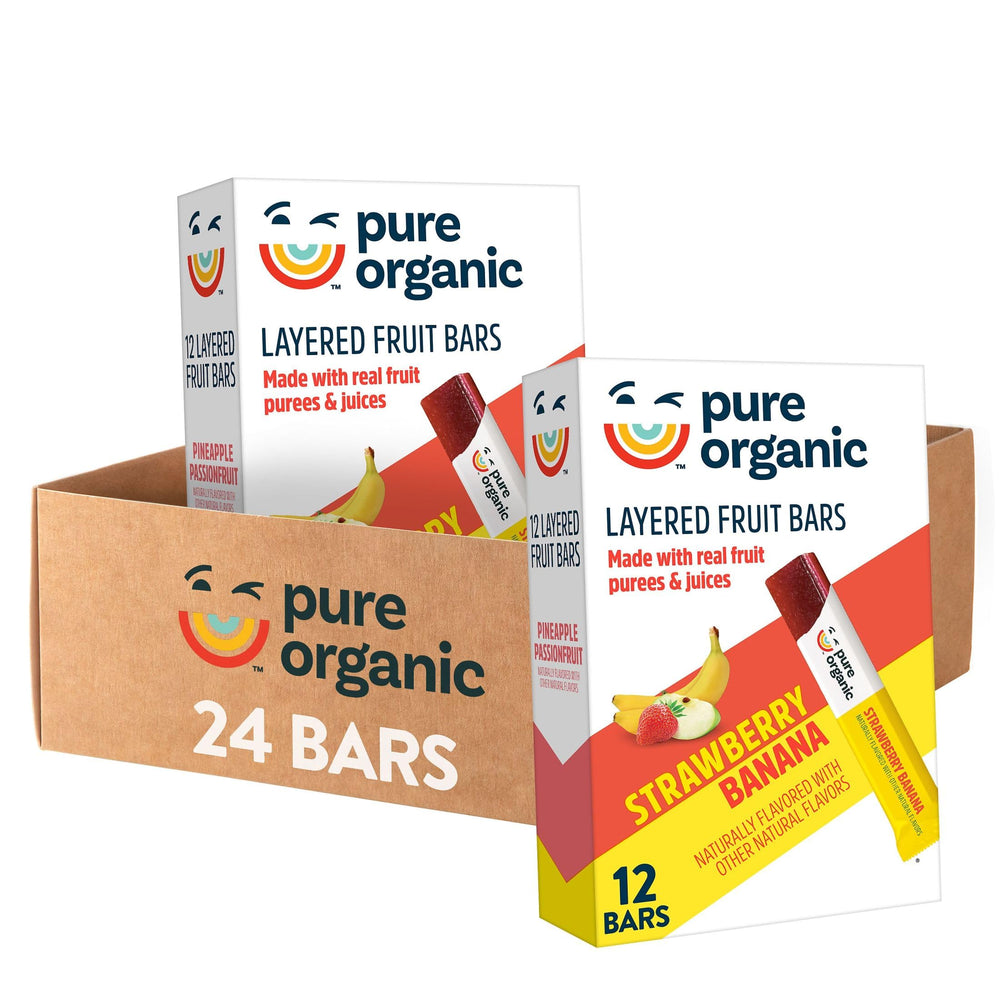 Pure Organic Strawberry Banana bars box front for on-the-go snacking