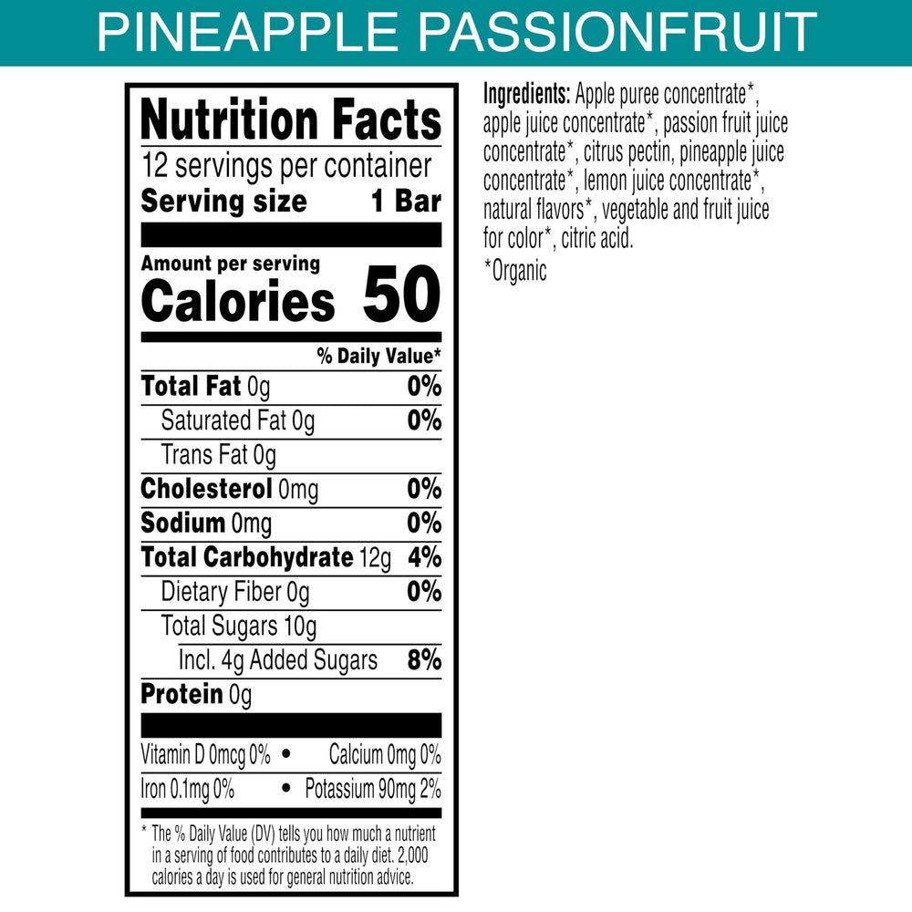 Cross-section of Pure Organic bar showing three-layer texture and fruity flavors
