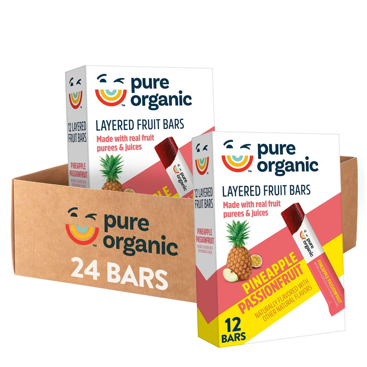Pure Organic Pineapple Passionfruit layered bars in a two-box pack, gluten free and vegan, ideal for on the go