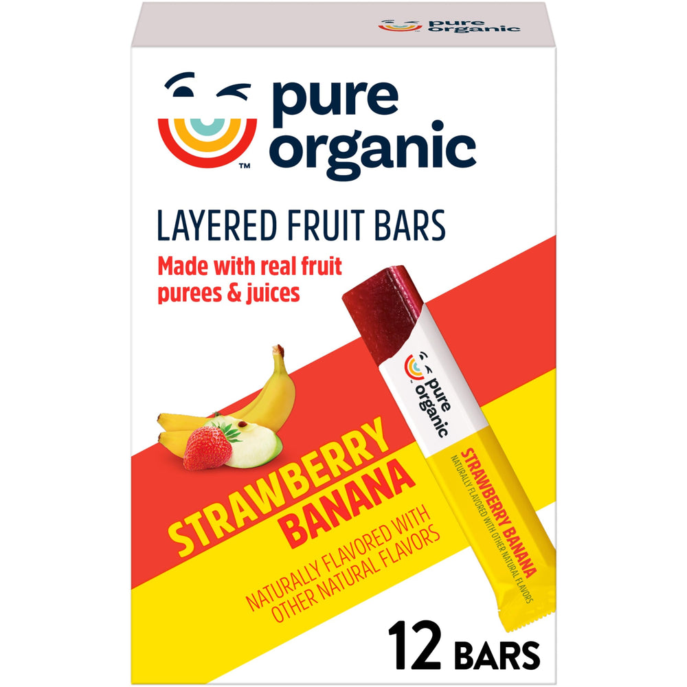 Pure Organic Strawberry Banana Layered Fruit Bars box showing fresh ingredients for healthy snacking.