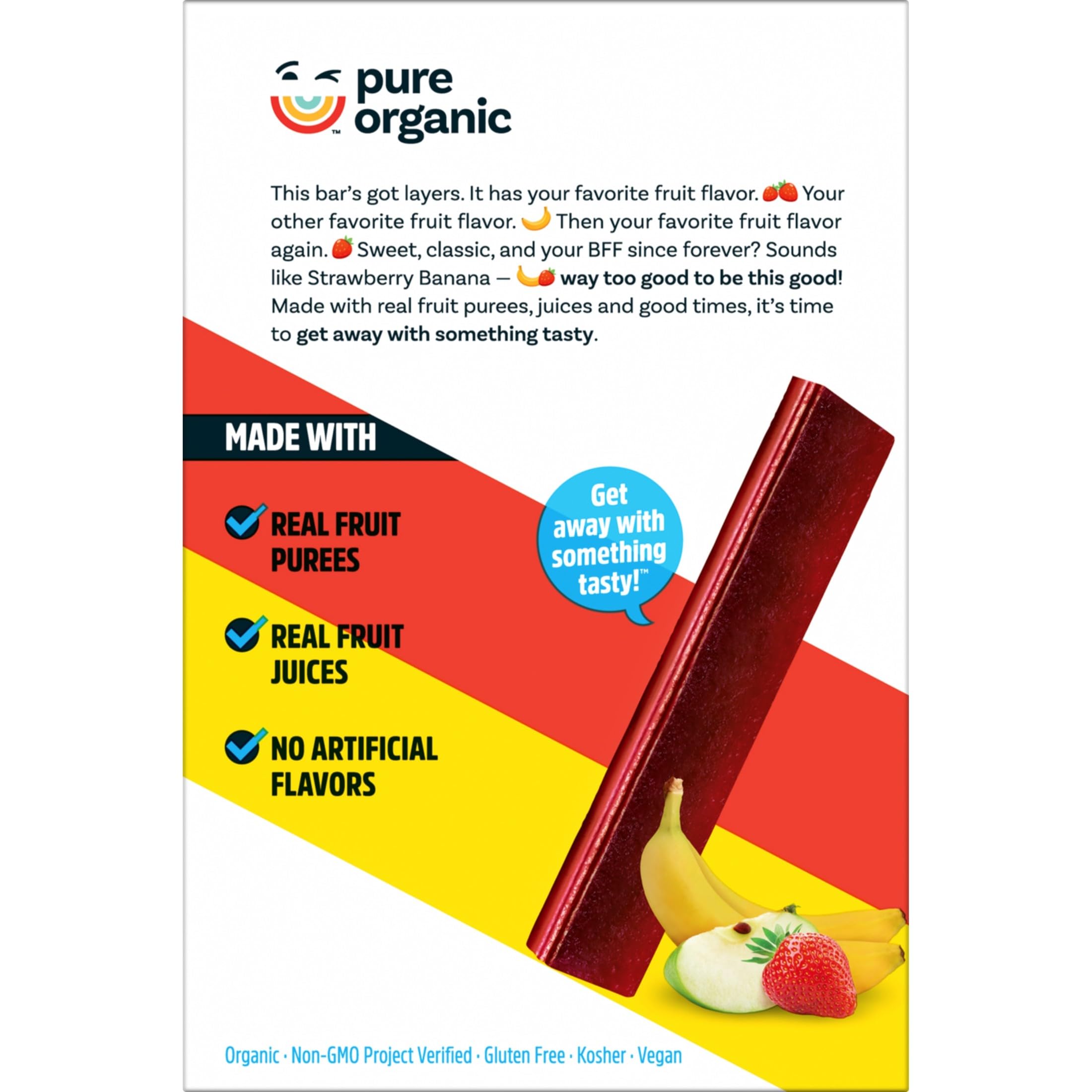 Pure Organic Strawberry Banana Layered Fruit Bars close-up of colorful layers emphasizing natural color from real fruit.