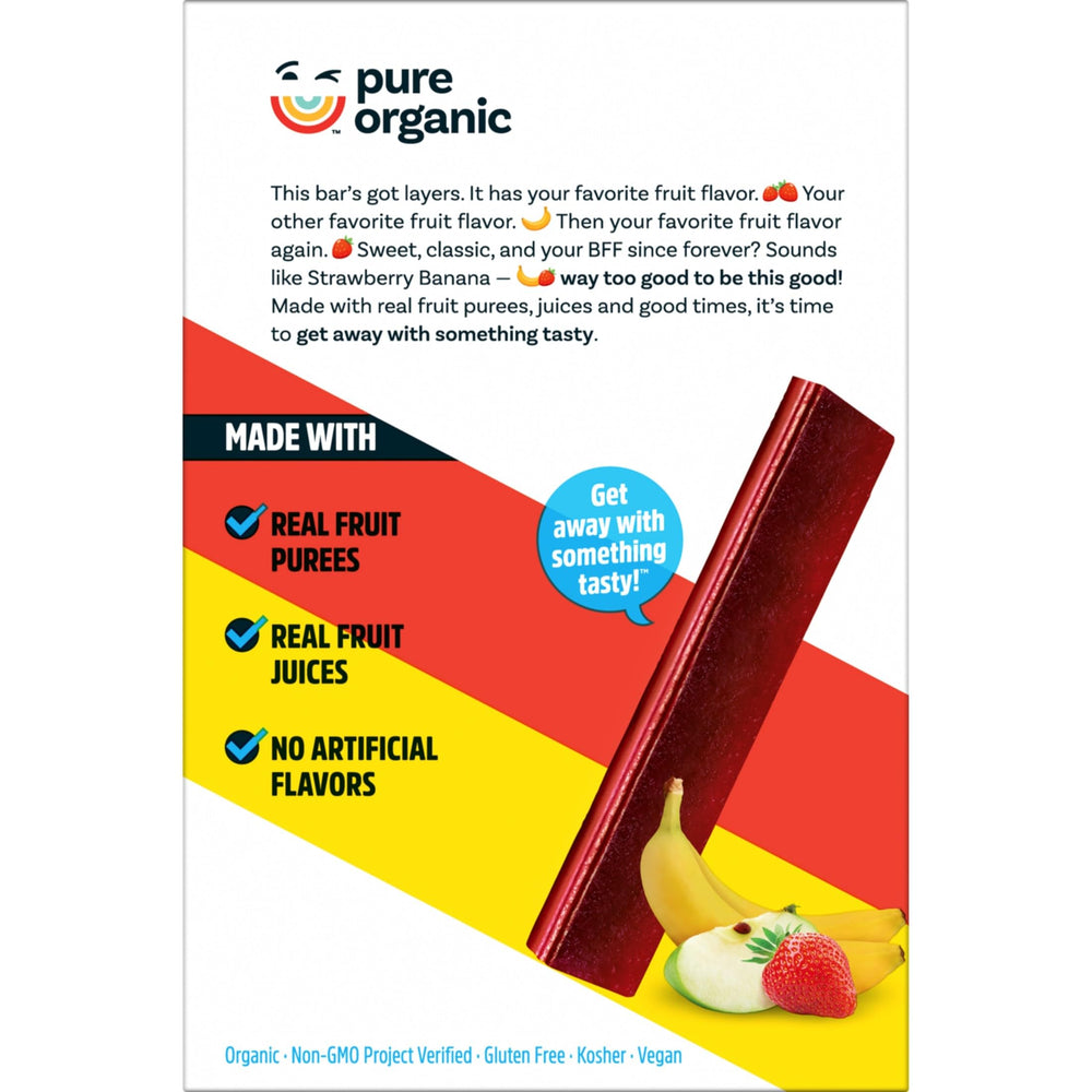 Pure Organic Strawberry Banana Layered Fruit Bars close-up of colorful layers emphasizing natural color from real fruit.