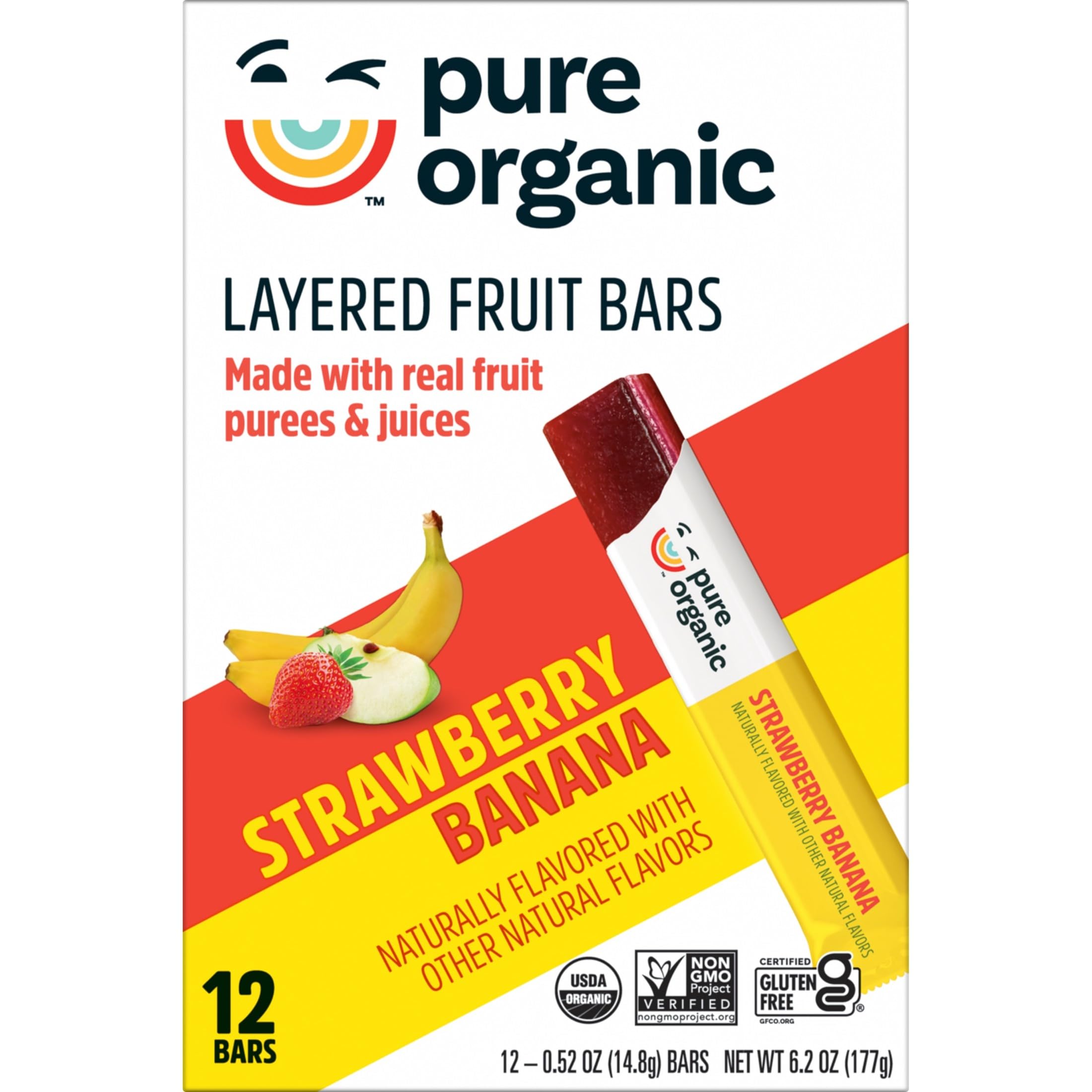 Pure Organic Strawberry Banana Layered Fruit Bars close-up of real fruit purees and juices for natural flavor.