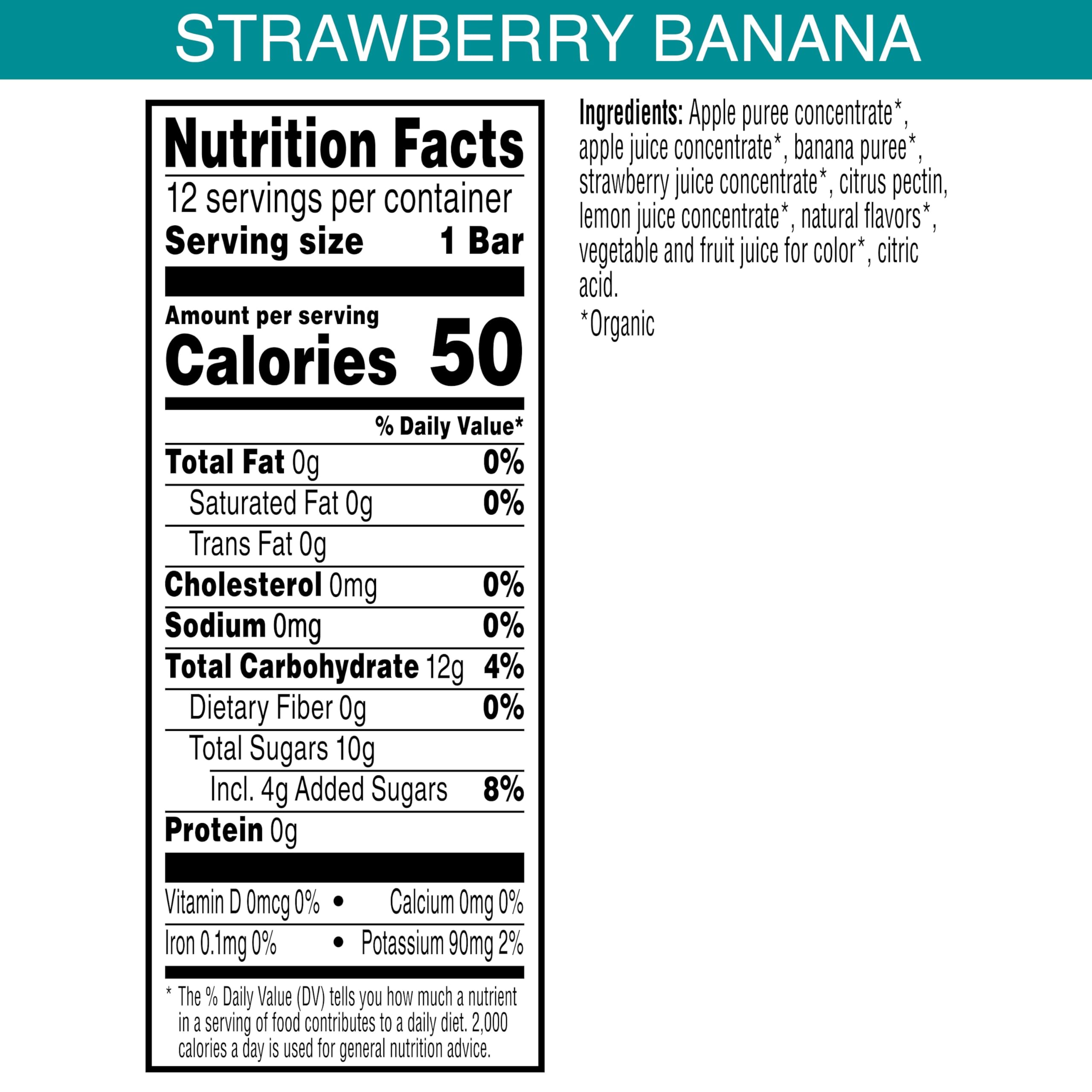 Pure Organic Strawberry Banana Layered Fruit Bars packaging highlighting convenient 12-pack for on-the-go.