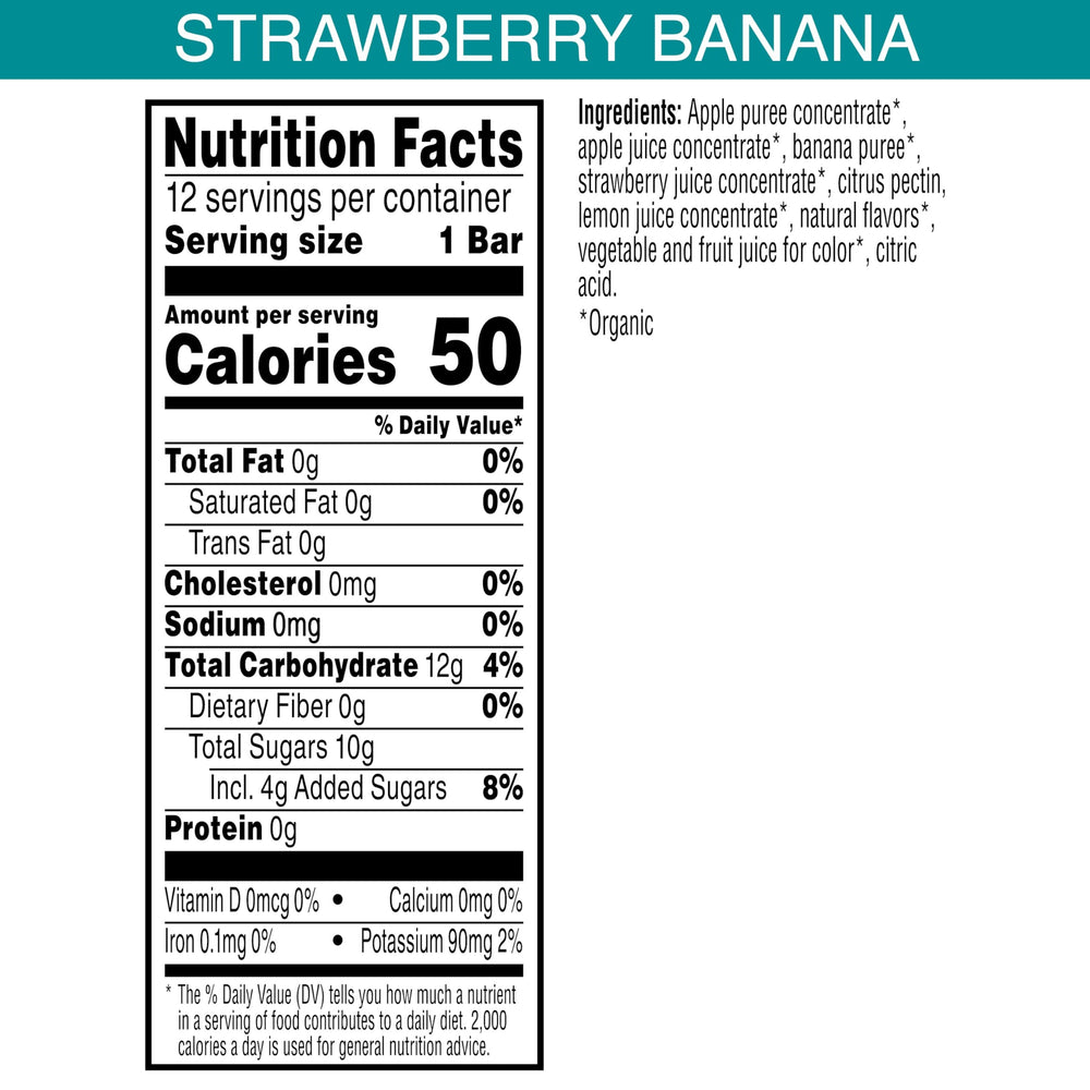 Pure Organic Strawberry Banana Layered Fruit Bars packaging highlighting convenient 12-pack for on-the-go.