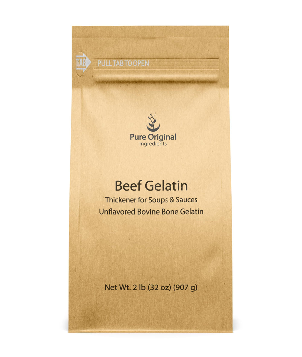 Pure Original Ingredients Beef Gelatin packaging front, premium thickener for soups and sauces.