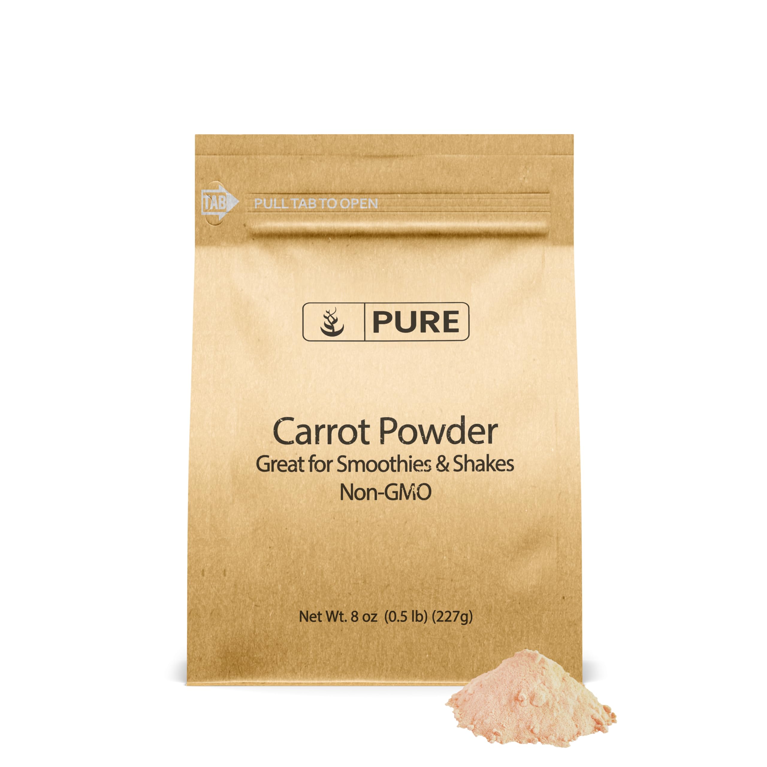 Pure Original Ingredients carrot powder bottle on counter, ideal for smoothies.