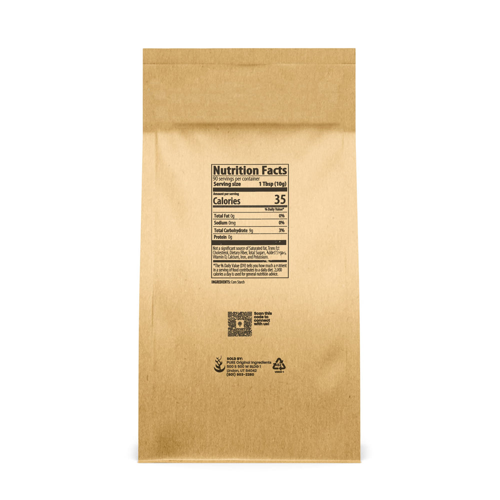 Pure Original Ingredients corn starch bag close-up highlights pure ingredients and gluten-free thickening power.