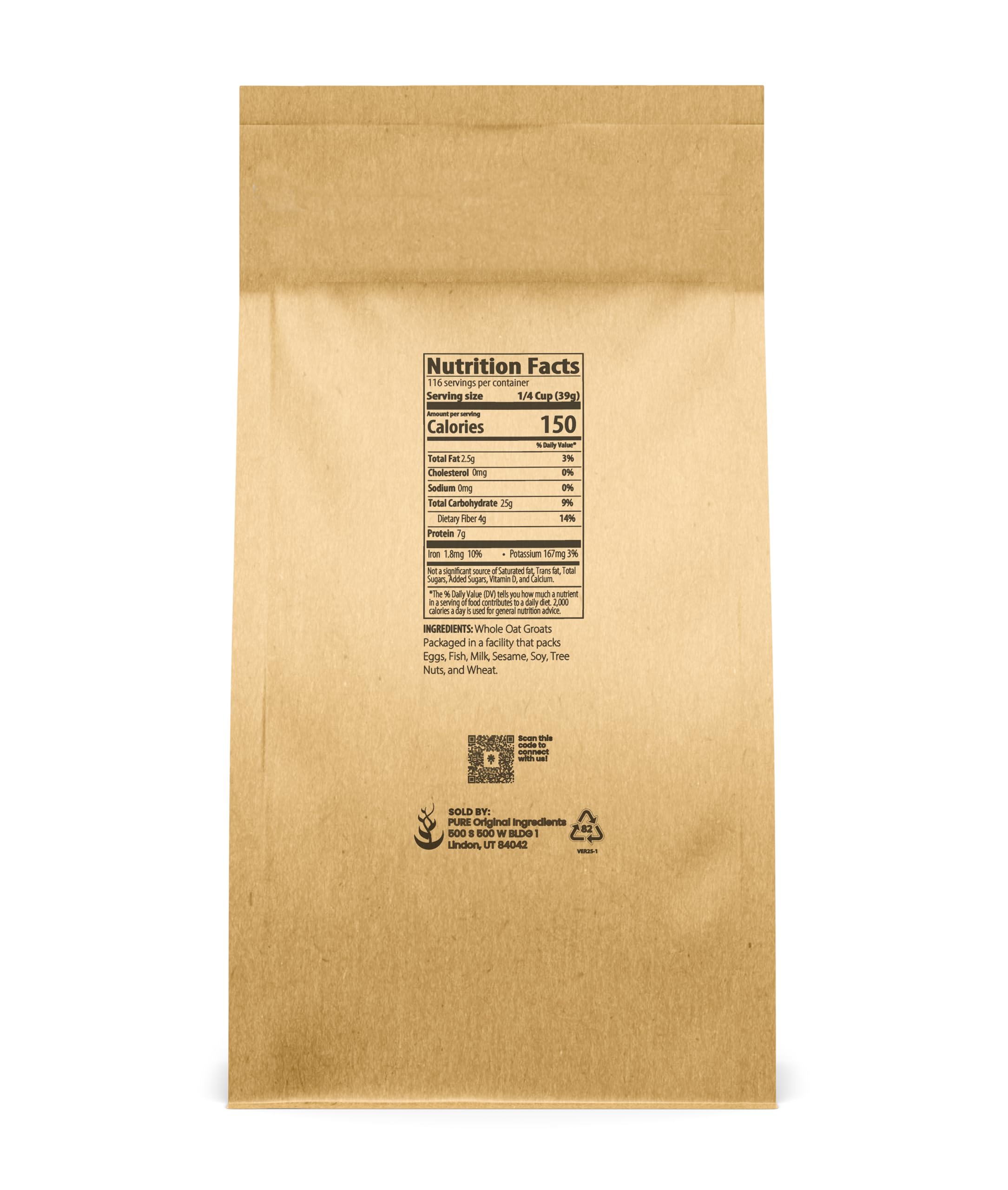 Pure Original Ingredients oat groats uncut hulless, close-up texture shows wholesome protein-rich grains.