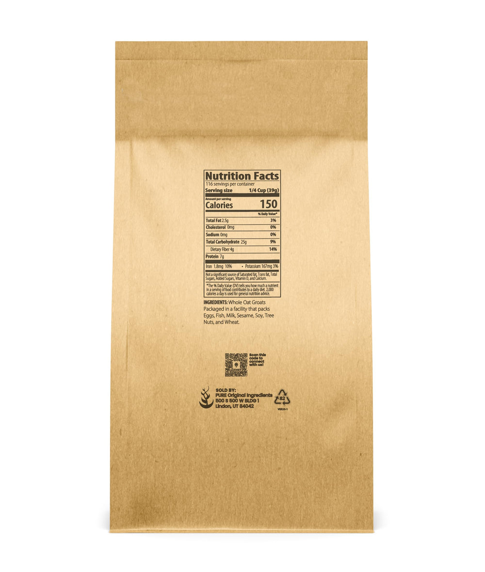 Pure Original Ingredients oat groats uncut hulless, close-up texture shows wholesome protein-rich grains.