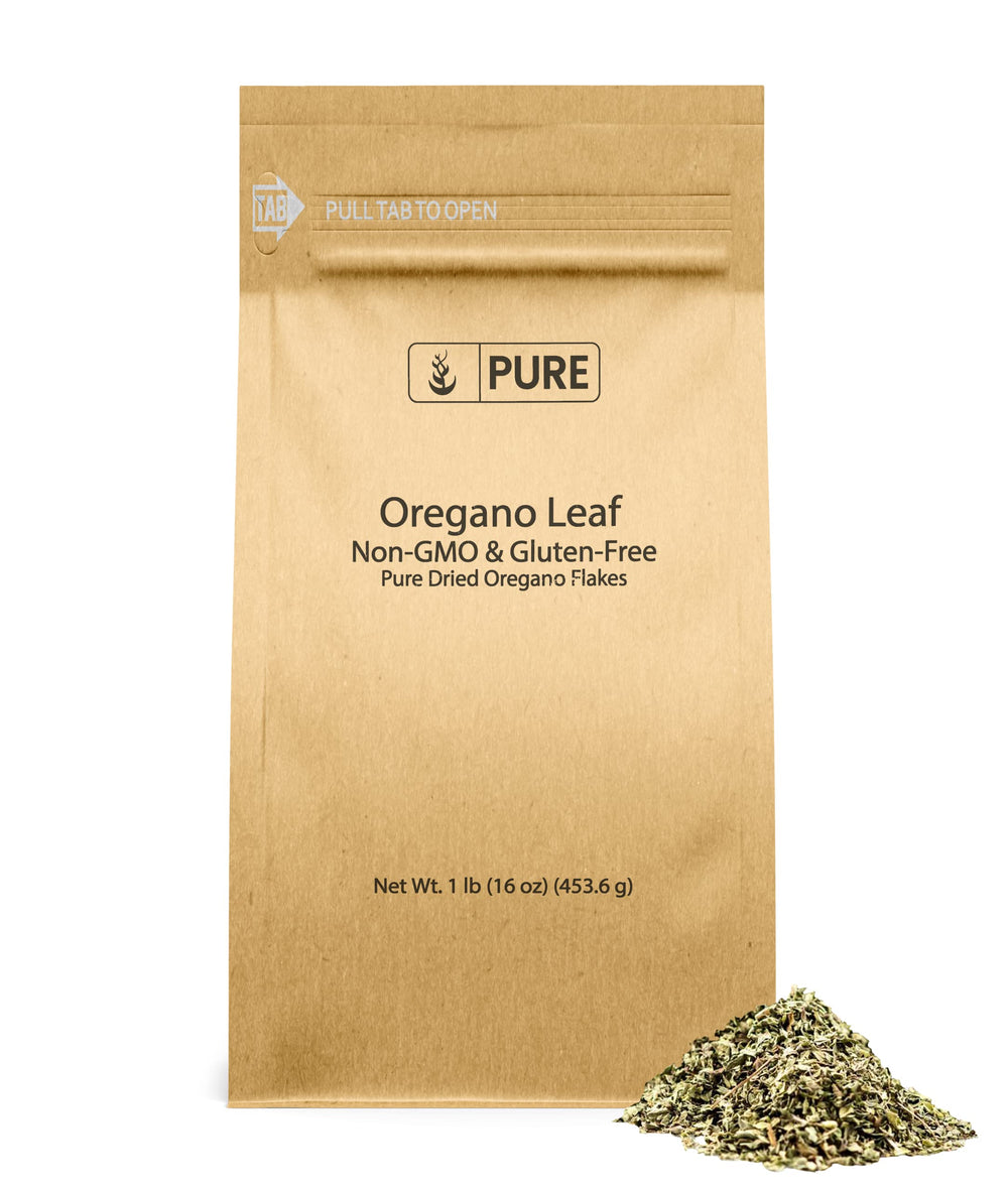 Pure Original Ingredients oregano leaf flakes in a bottle add peppery bite to dishes.