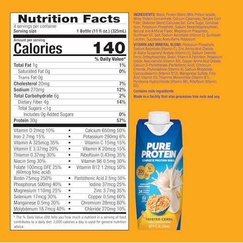 Pure Protein Frosted Cereal shake bottle back highlighting low sugar and daily wellness.