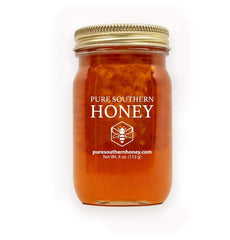 Pure Southern Honey Georgia flower blend in jar, ideal for tea and desserts.