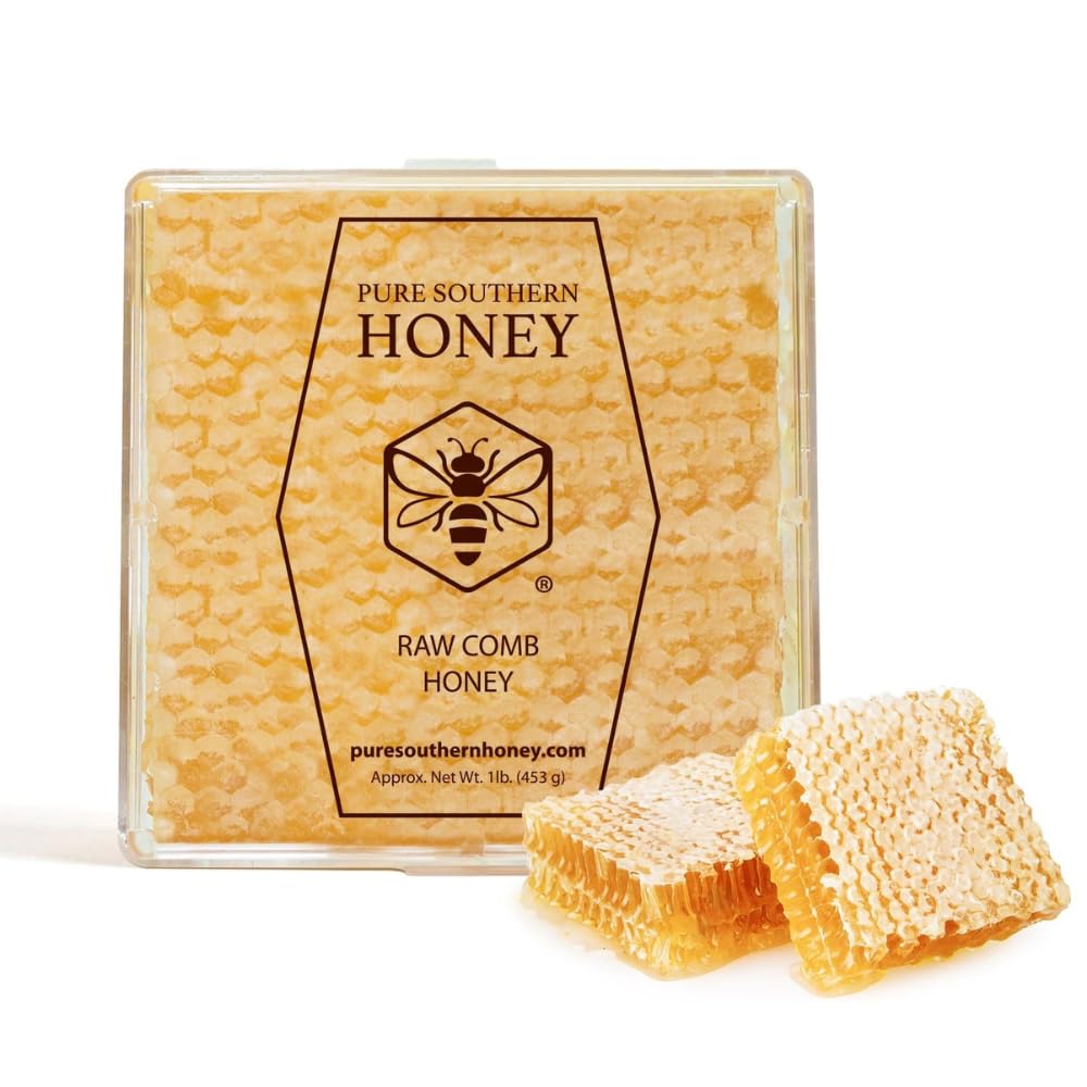 Pure Southern Honey honeycomb drizzled over yogurt, convenient daily treat.