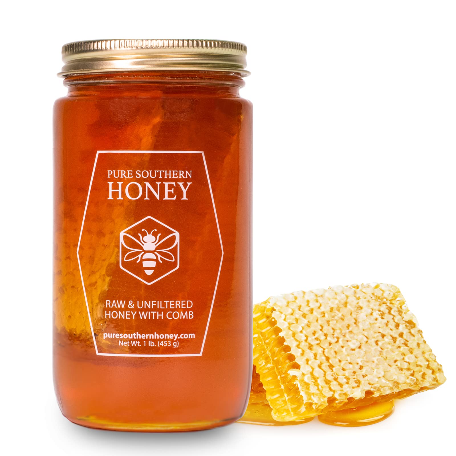 Pure Southern Honey honeycomb jar showing real comb inside for natural sweetness.