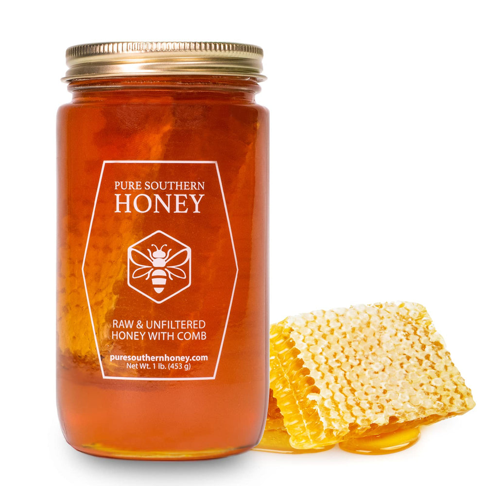 Pure Southern Honey honeycomb jar showing real comb inside for natural sweetness.
