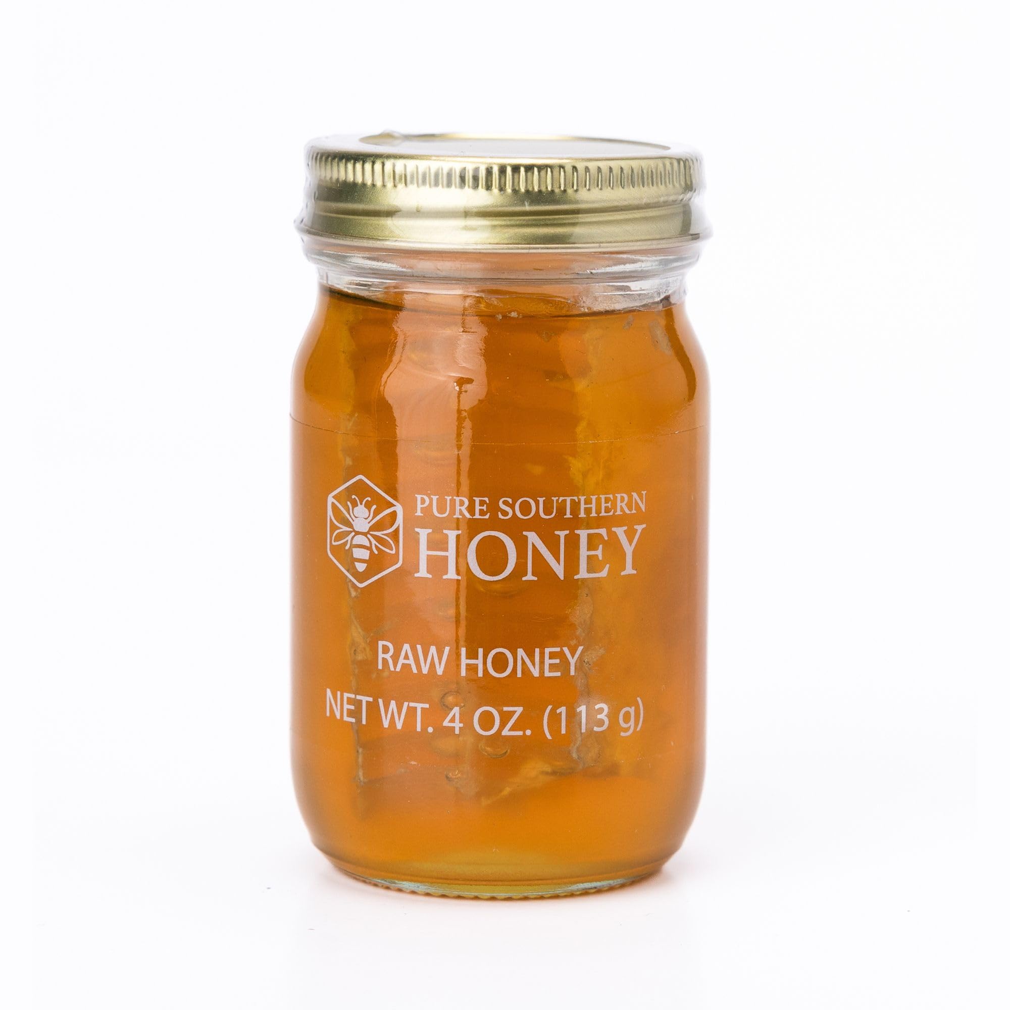 Pure Southern Honey raw honeycomb jar showing natural sweetness for tea and toast.