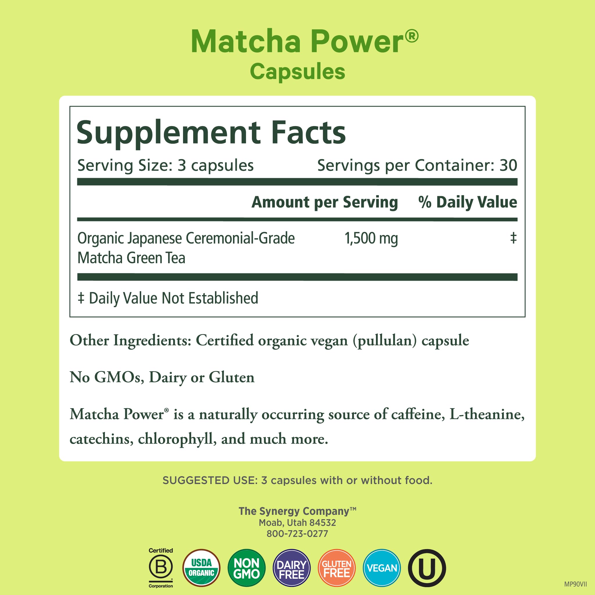 PURE SYNERGY Matcha Power capsules in pack closeup, convenient grab-and-go energy.