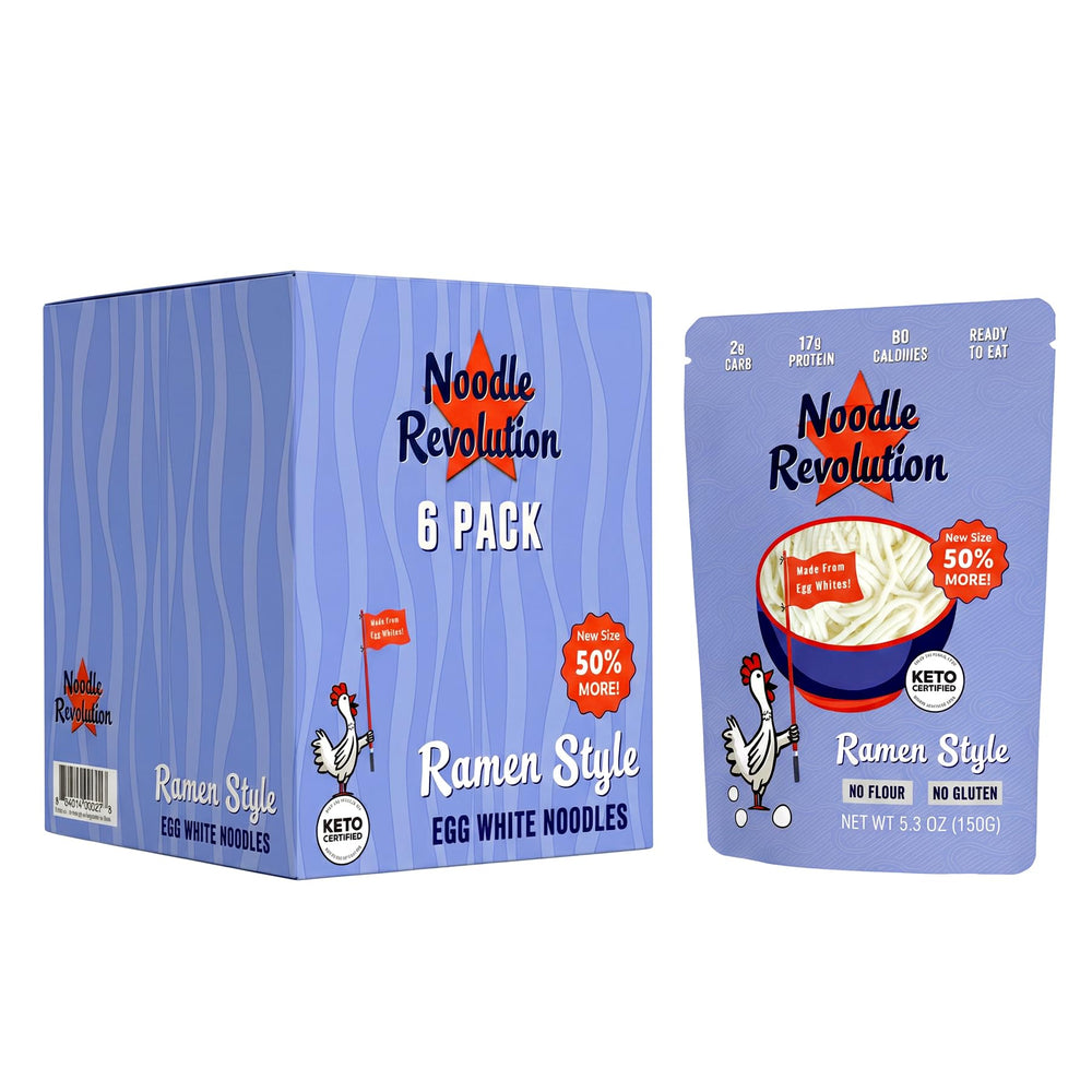 Pure Traditions Noodle Revolution egg-white noodles in a bowl, showcasing low-carb, high-protein option.