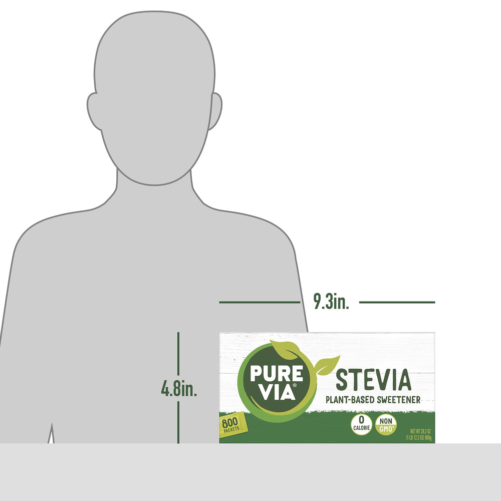 Pure Via stevia packets in kitchen, ideal for on-the-go use