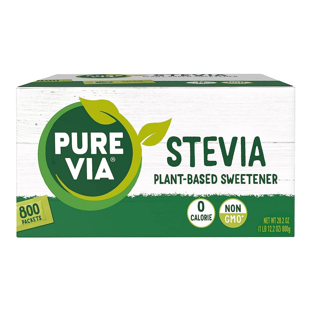 Pure Via stevia packets box offering convenient, low-calorie sweetness