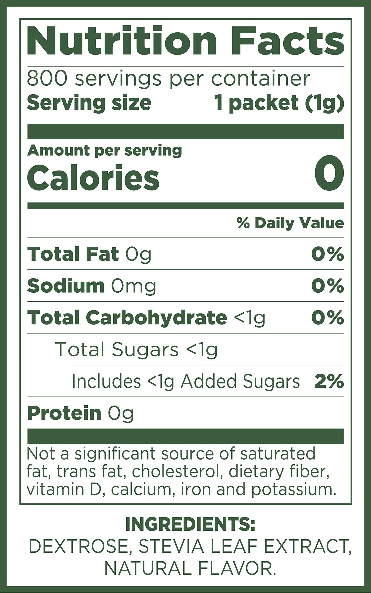 Close-up of Pure Via stevia packets highlighting purity and simple ingredients