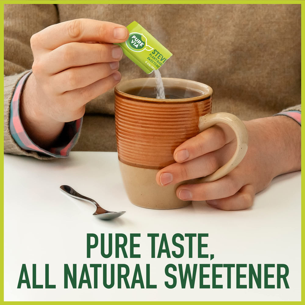 Pure Via zero-calorie label on packaging indicating calorie-free sweetness