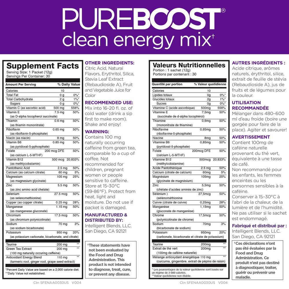 Pureboost Acai Alert packets close-up showing convenient single-serve sachets.