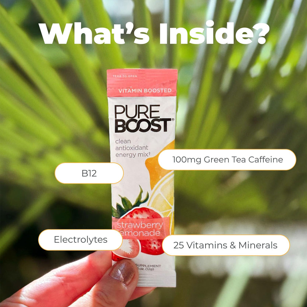Pureboost B12 and green tea caffeine label highlighting natural energy.