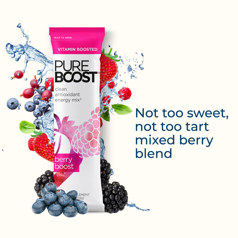 Pureboost Berry Boost foil pouch packaging for travel-friendly hydration