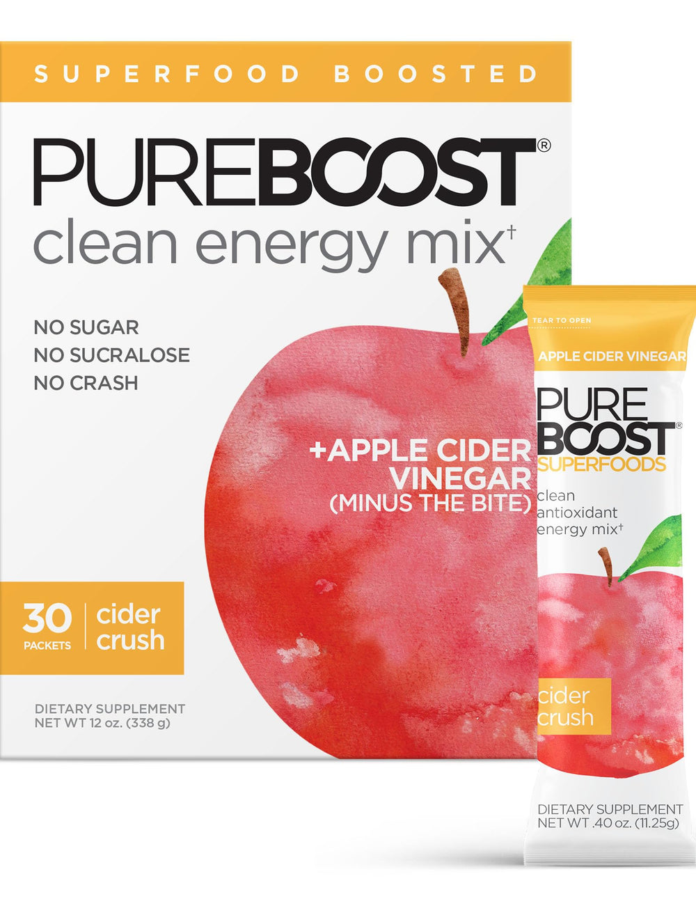 Pureboost Cider Crush packets ready to mix for a crisp energy boost.