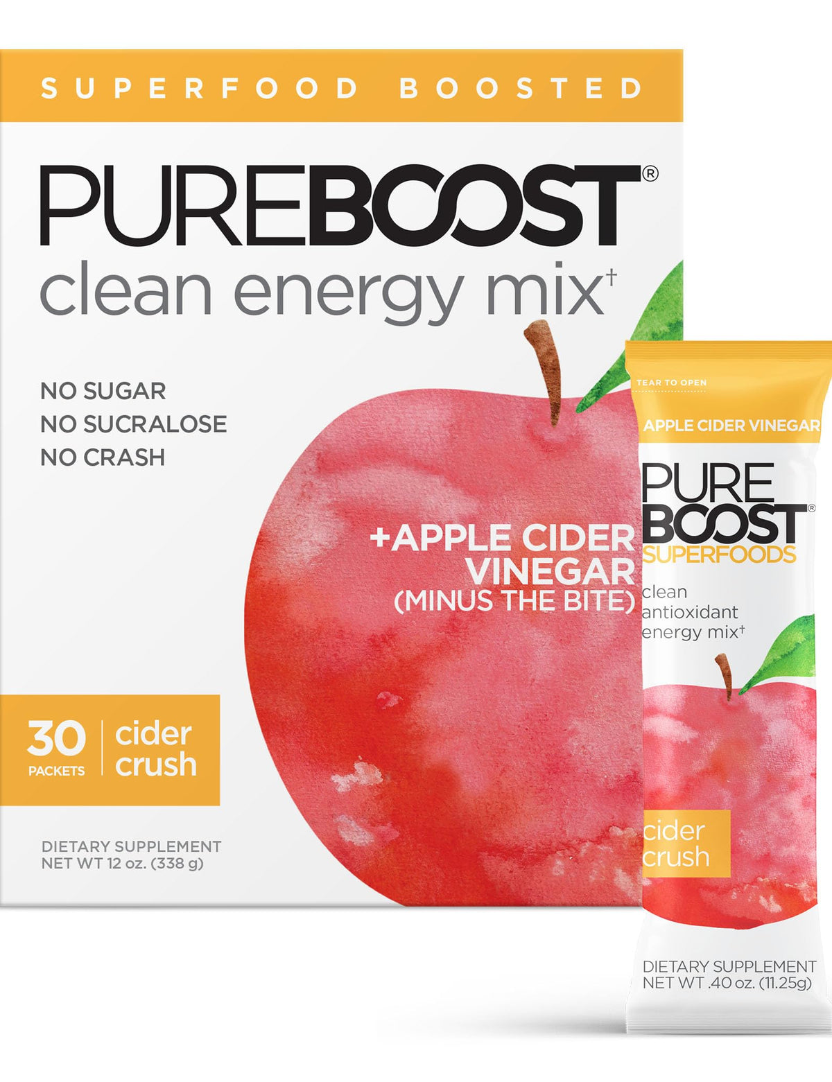 Pureboost Cider Crush packets ready to mix for a crisp energy boost.